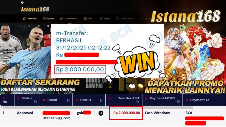 BUKTI KEMENANGAN WD MEMBER ISTANA168 IDR 2.000.000