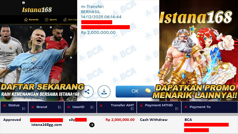 BUKTI KEMENANGAN WD MEMBER ISTANA168 IDR 2.000.000