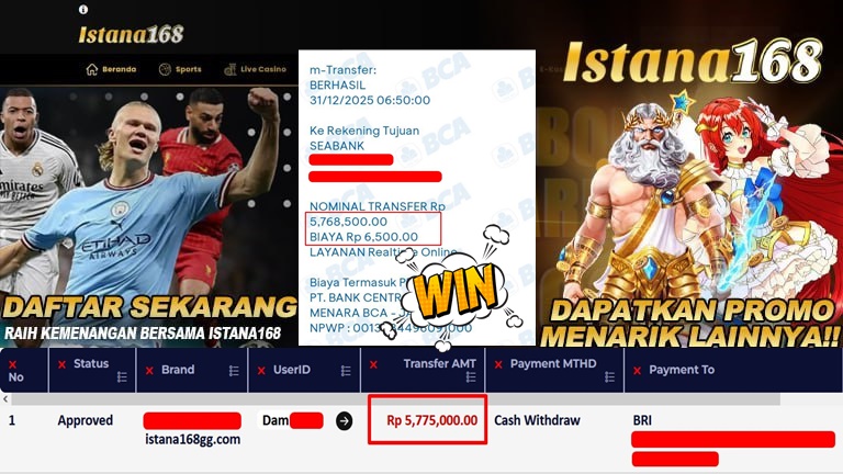 BUKTI KEMENANGAN WD MEMBER ISTANA168 IDR 5.775.000