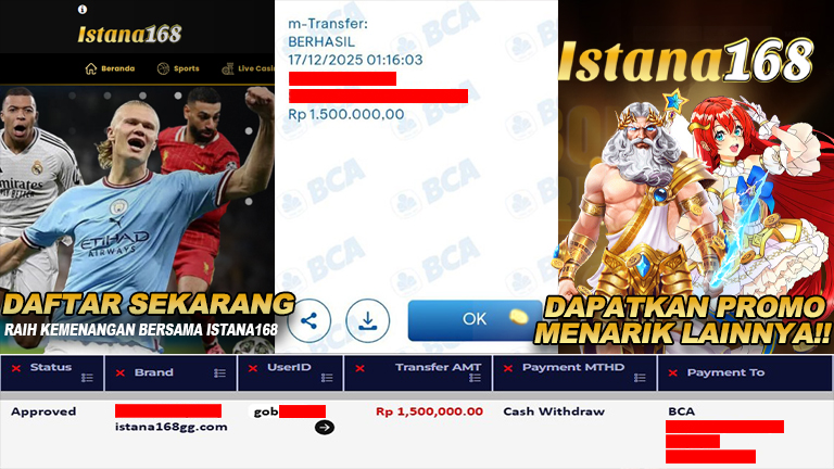 BUKTI KEMENANGAN WD MEMBER ISTANA168 IDR 1.500.000