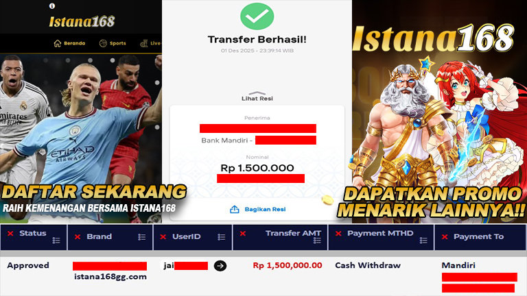 BUKTI KEMENANGAN WD MEMBER ISTANA168 IDR 1.500.000