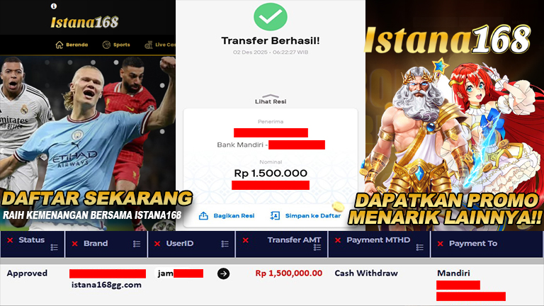 BUKTI KEMENANGAN WD MEMBER ISTANA168 IDR 1.500.000