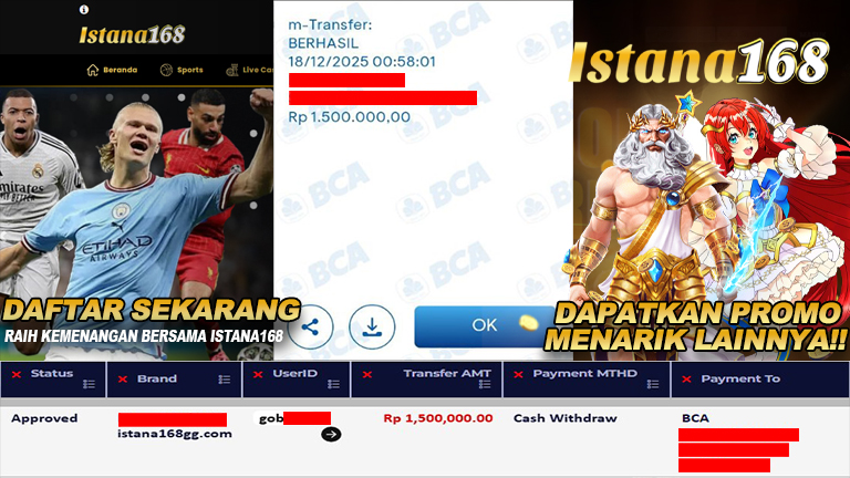 BUKTI KEMENANGAN WD MEMBER ISTANA168 IDR 1.500.000