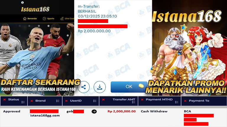 BUKTI KEMENANGAN WD MEMBER ISTANA168 IDR 2.000.000