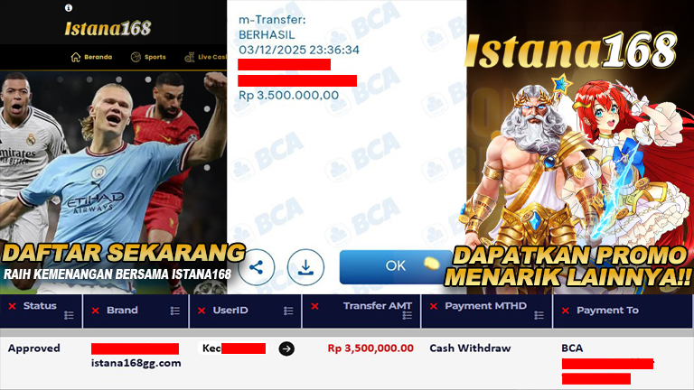 BUKTI KEMENANGAN WD MEMBER ISTANA168 IDR 3.500.000