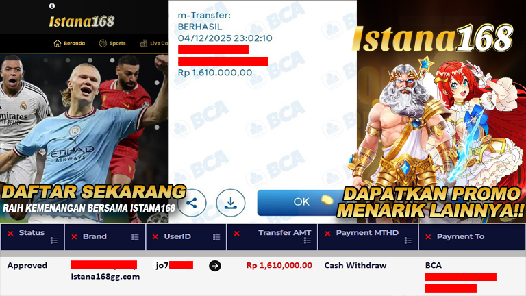 BUKTI KEMENANGAN WD MEMBER ISTANA168 IDR 1.610.000