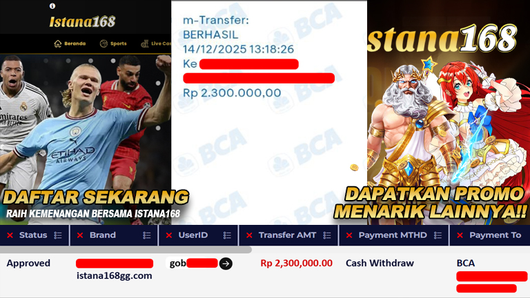 BUKTI KEMENANGAN WD MEMBER ISTANA168 IDR 2.300.000