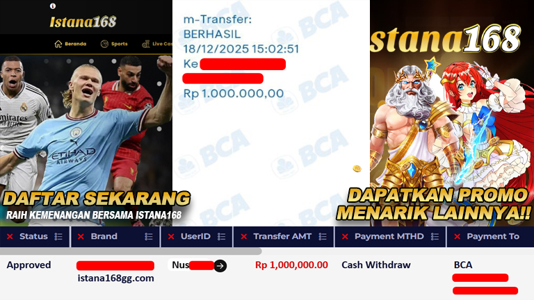 BUKTI KEMENANGAN WD MEMBER ISTANA168 IDR 1.000.000