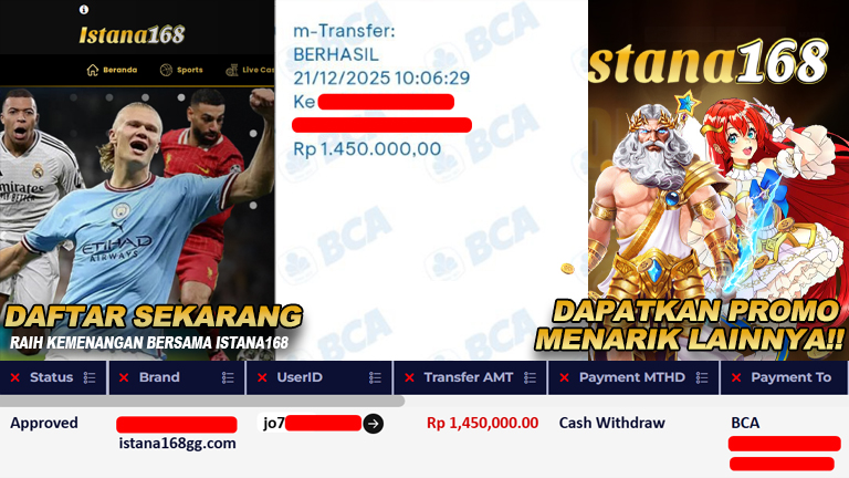 BUKTI KEMENANGAN WD MEMBER ISTANA168 IDR 1.450.000