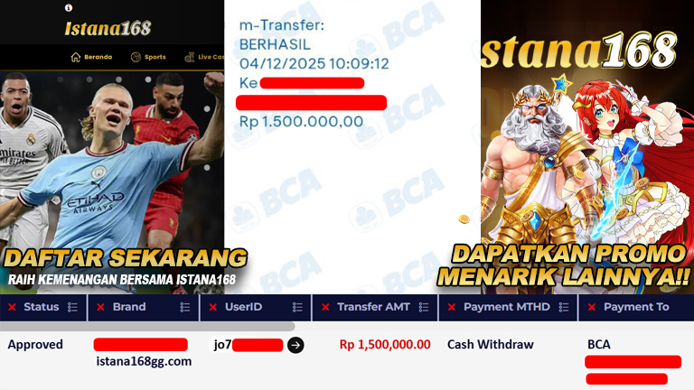 BUKTI KEMENANGAN WD MEMBER ISTANA168 IDR 1.500.000