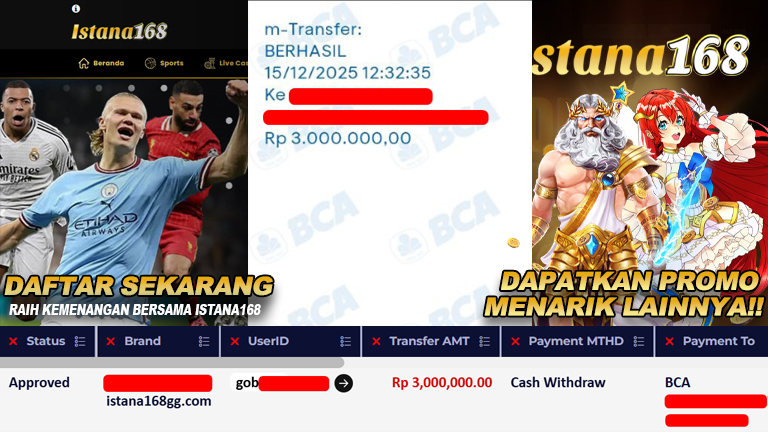 BUKTI KEMENANGAN WD MEMBER ISTANA168 IDR 3.000.000