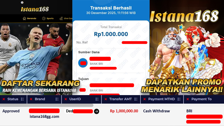 BUKTI KEMENANGAN WD MEMBER ISTANA168 IDR 1.000.000