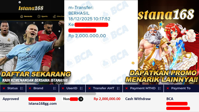 BUKTI KEMENANGAN WD MEMBER ISTANA168 IDR 2.000.000