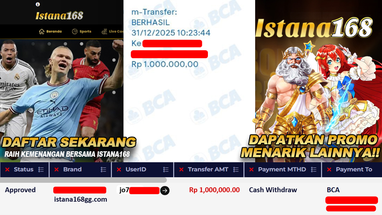 BUKTI KEMENANGAN WD MEMBER ISTANA168 IDR 1.000.000