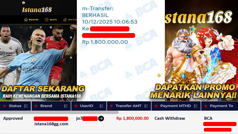 BUKTI KEMENANGAN WD MEMBER ISTANA168 IDR 1.800.000