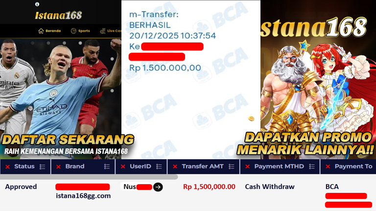 BUKTI KEMENANGAN WD MEMBER ISTANA168 IDR 1.500.000