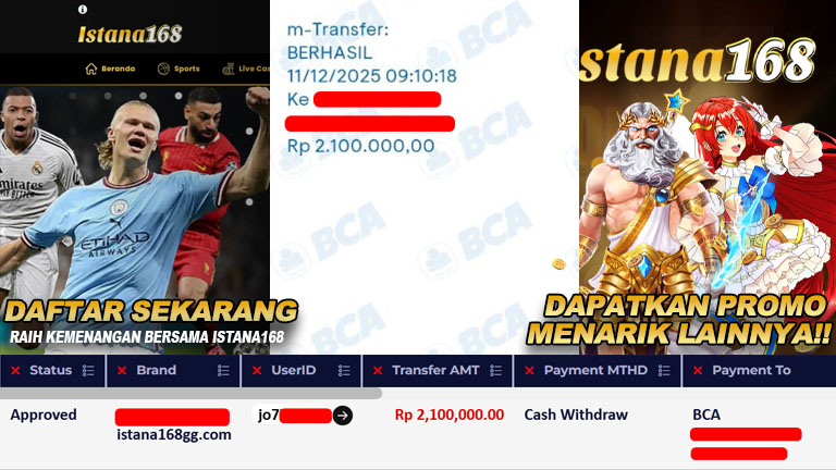 BUKTI KEMENANGAN WD MEMBER ISTANA168 IDR 2.100.000