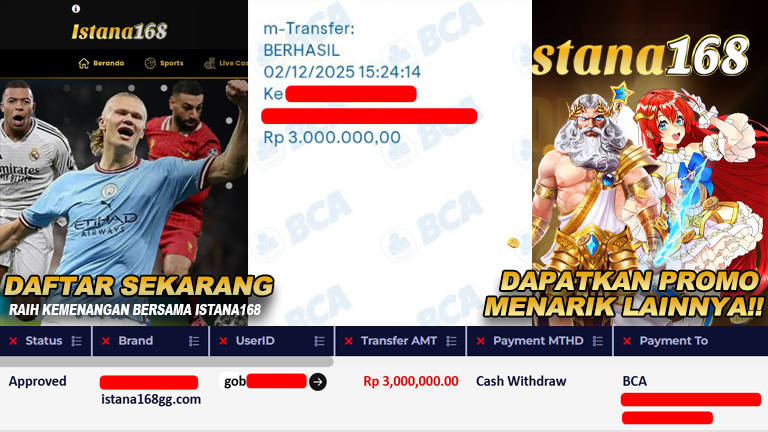 BUKTI KEMENANGAN WD MEMBER ISTANA168 IDR 3.000.000