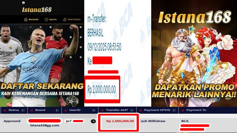 BUKTI KEMENANGAN WD MEMBER ISTANA168 IDR 2.000.000