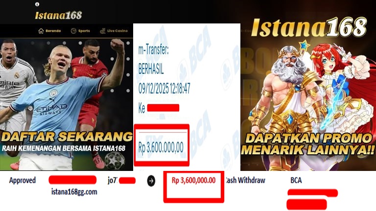 BUKTI KEMENANGAN WD MEMBER ISTANA168 IDR 3.600.000