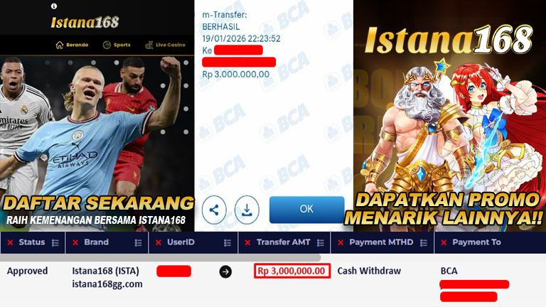 BUKTI KEMENANGAN WD MEMBER ISTANA168 IDR 3.000.000
