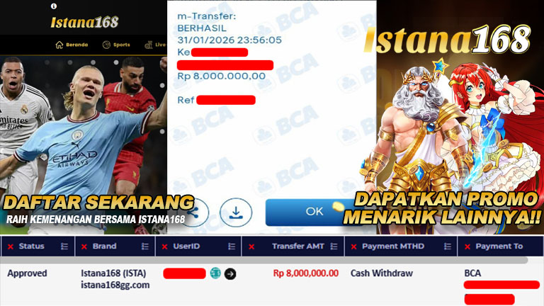 BUKTI KEMENANGAN WD MEMBER ISTANA168 IDR 8.000.000