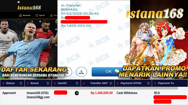 BUKTI KEMENANGAN WD MEMBER ISTANA168 IDR 1.400.000