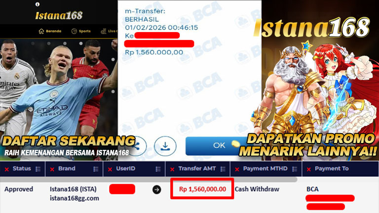 BUKTI KEMENANGAN WD MEMBER ISTANA168 IDR 1.560.000