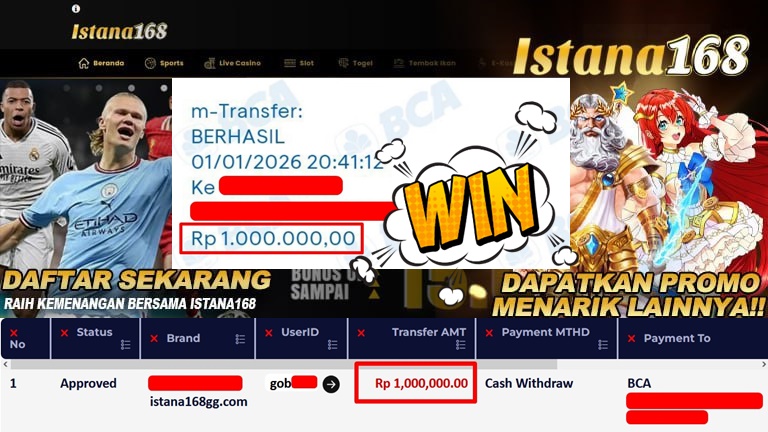 BUKTI KEMENANGAN WD MEMBER ISTANA168 IDR 1.000.000