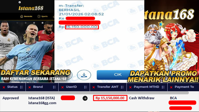 BUKTI KEMENANGAN WD MEMBER ISTANA168 IDR 15.150.000