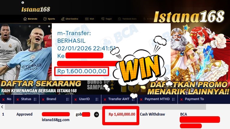 BUKTI KEMENANGAN WD MEMBER ISTANA168 IDR 1.600.000