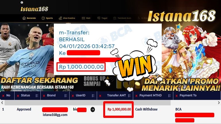 BUKTI KEMENANGAN WD MEMBER ISTANA168 IDR 1.000.000