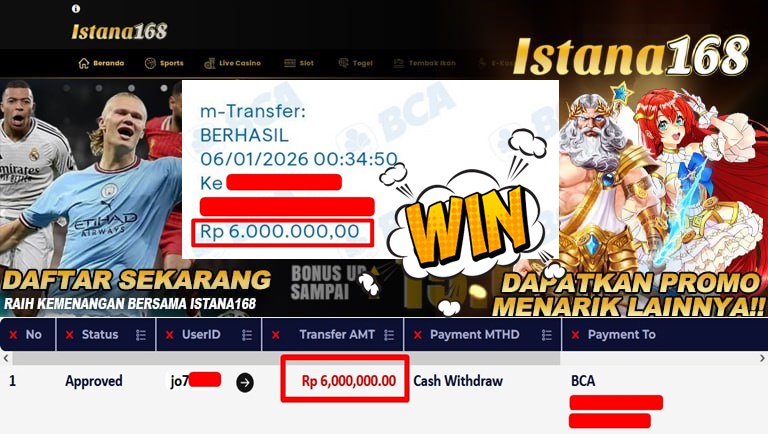 BUKTI KEMENANGAN WD MEMBER ISTANA168 IDR 6.000.000