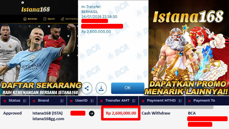 BUKTI KEMENANGAN WD MEMBER ISTANA168 IDR 2.600.000