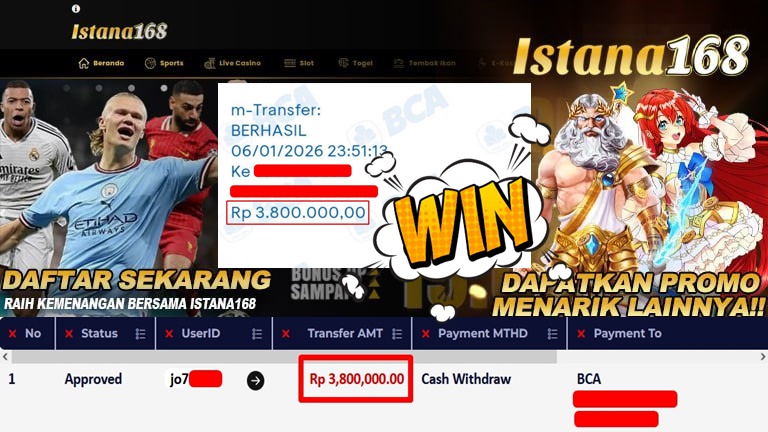 BUKTI KEMENANGAN WD MEMBER ISTANA168 IDR 3.800.000