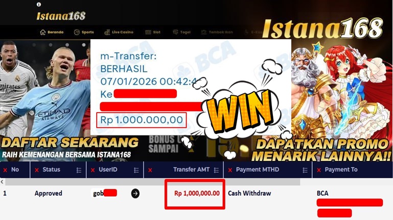 BUKTI KEMENANGAN WD MEMBER ISTANA168 IDR 1.000.000