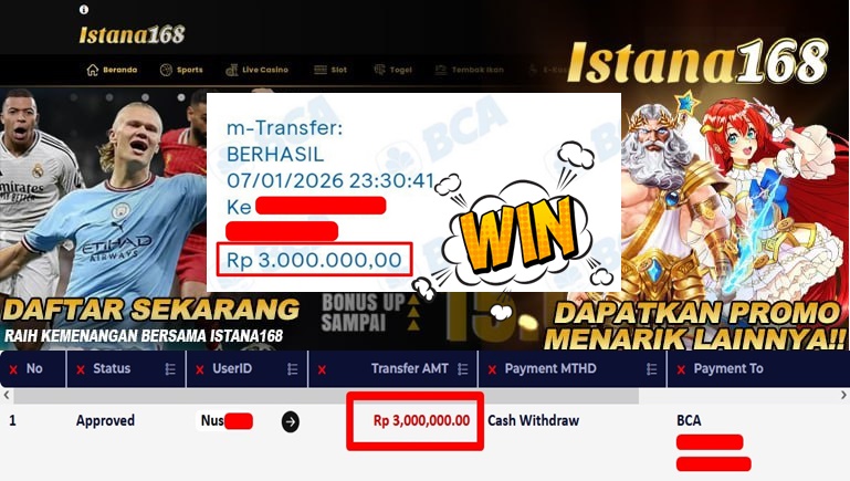 BUKTI KEMENANGAN WD MEMBER ISTANA168 IDR 3.000.000