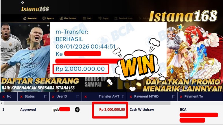 BUKTI KEMENANGAN WD MEMBER ISTANA168 IDR 2.000.000