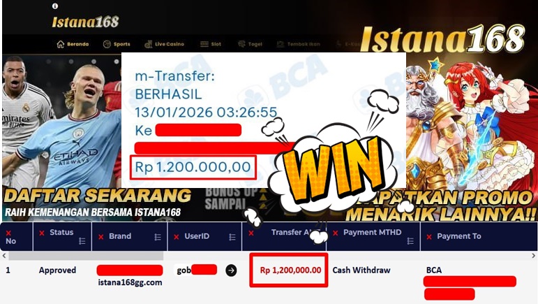 BUKTI KEMENANGAN WD MEMBER ISTANA168 IDR 1.200.000