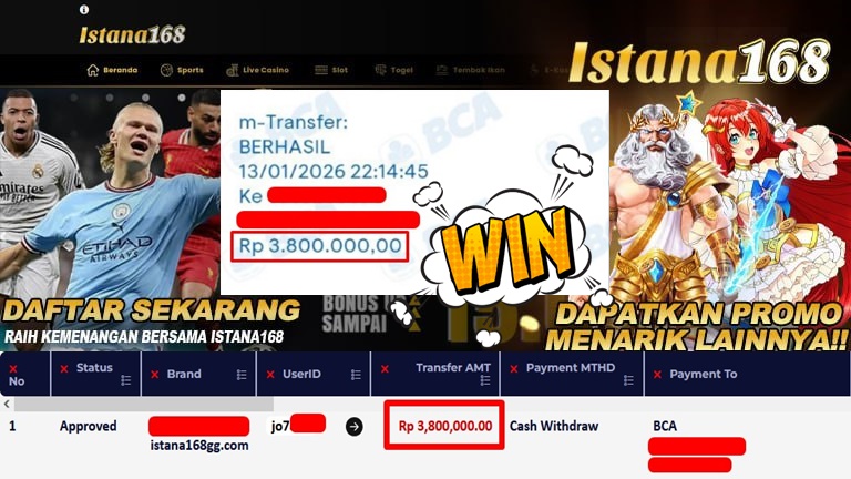 BUKTI KEMENANGAN WD MEMBER ISTANA168 IDR 3.800.000