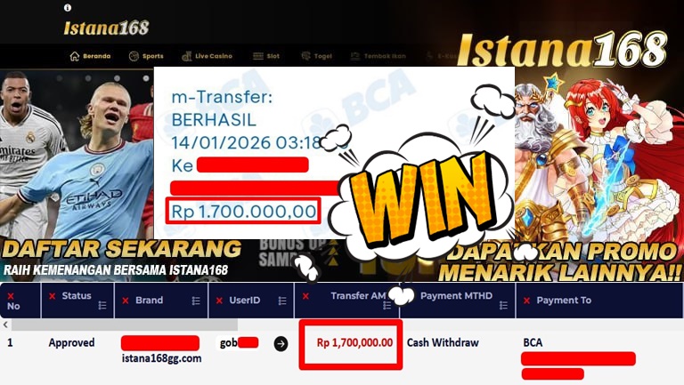 BUKTI KEMENANGAN WD MEMBER ISTANA168 IDR 1.700.000