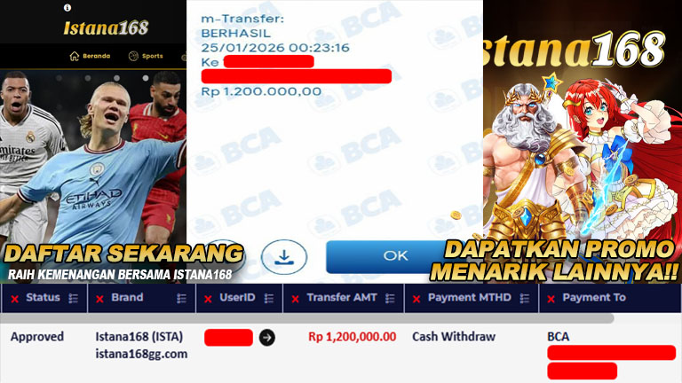 BUKTI KEMENANGAN WD MEMBER ISTANA168 IDR 1.200.000