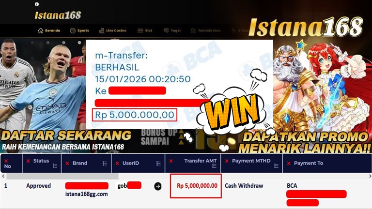 BUKTI KEMENANGAN WD MEMBER ISTANA168 IDR 5.000.000
