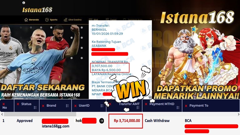 BUKTI KEMENANGAN WD MEMBER ISTANA168 IDR 3.714.000