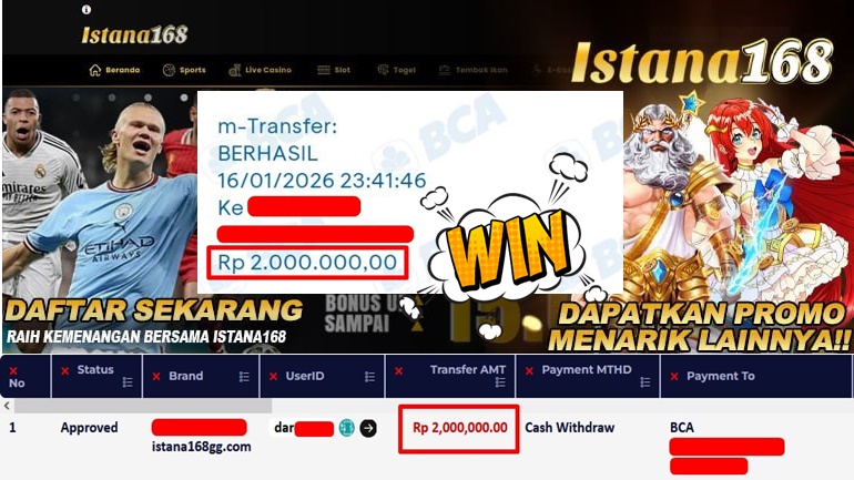 BUKTI KEMENANGAN WD MEMBER ISTANA168 IDR 2.000.000
