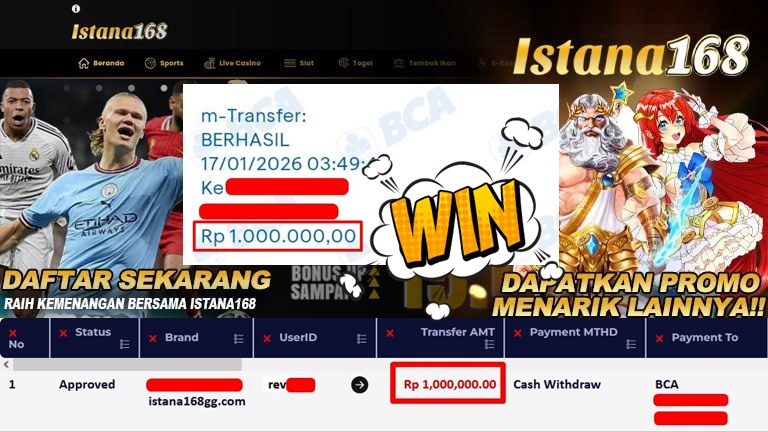 BUKTI KEMENANGAN WD MEMBER ISTANA168 IDR 1.000.000