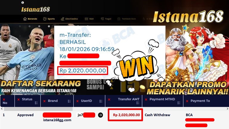 BUKTI KEMENANGAN WD MEMBER ISTANA168 IDR 2.020.000