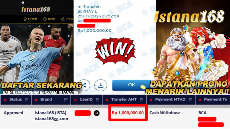 BUKTI KEMENANGAN WD MEMBER ISTANA168 IDR 1.000.000