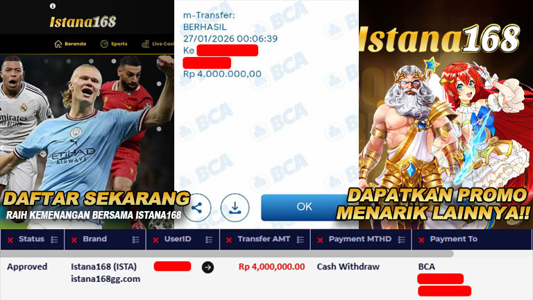 BUKTI KEMENANGAN WD MEMBER ISTANA168 IDR 4.000.000