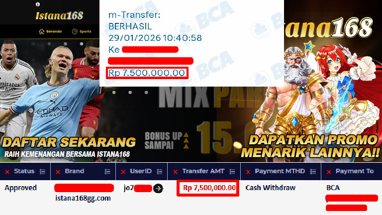 BUKTI KEMENANGAN WD MEMBER ISTANA168 IDR 7.500.000